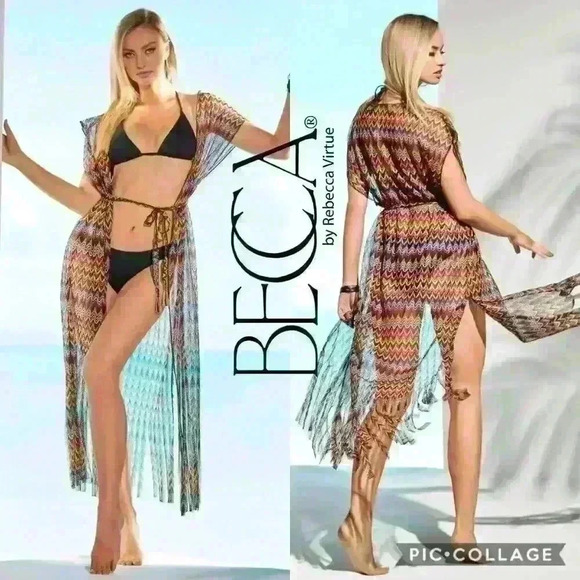 BECCA Neon Fringe Sheer Kimono / Coverup